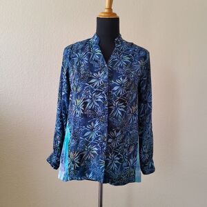 Soft Surroundings Floral Multi Print Button Down Long Sleeve Shirt Size PXS Blue